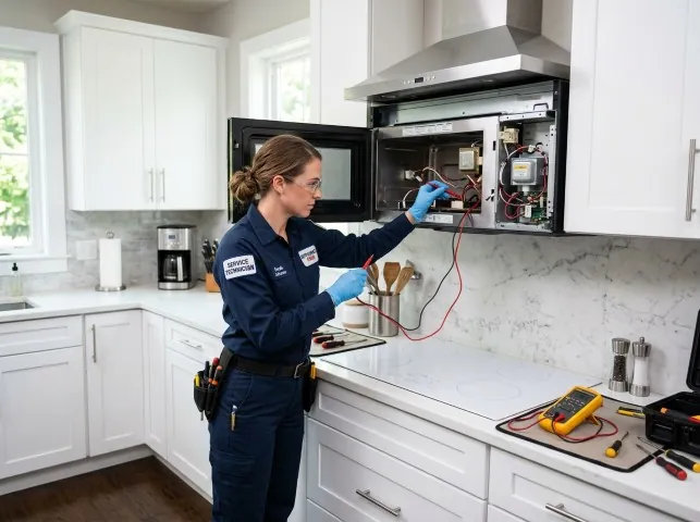 Appliance Repair Hero technician testing an over-the-range microwave in a Arcadia, LA kitchen